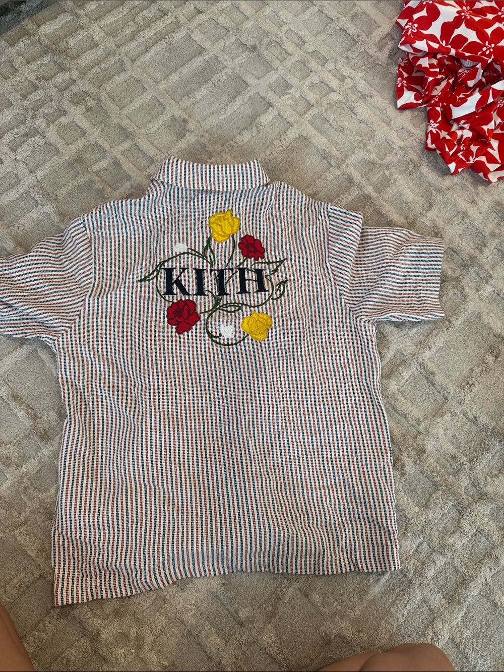 Kith Striped Polo with Red and Yellow Floral Embroidery
